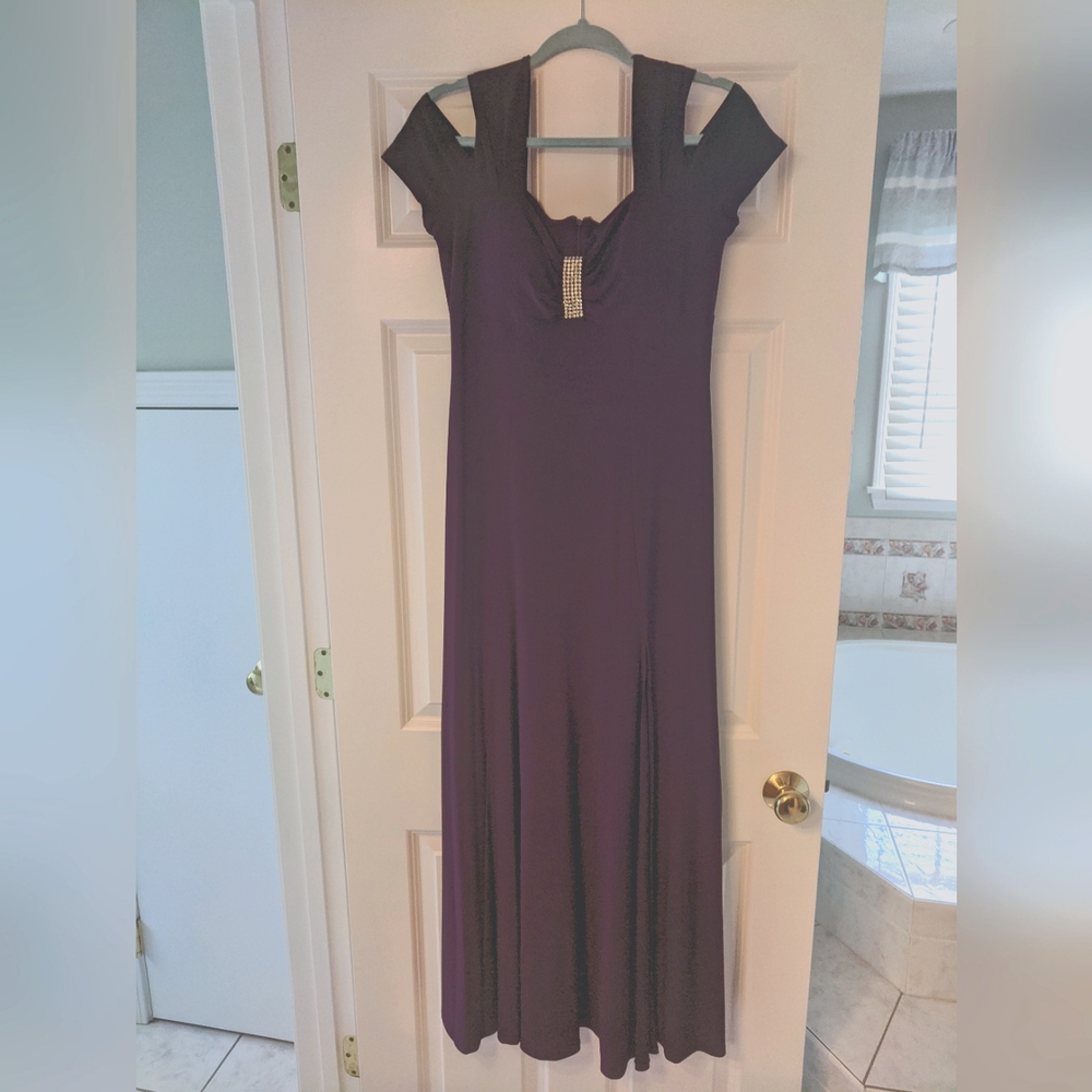 R&M Richards Cold Shoulder Gown in beautiful deep plum color